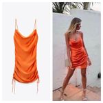 ZARA  Orange Satin Draped Effect Mini Dress Size Large Ruched Cocktail Halloween Photo 1