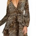Huguest Leopard Ruffle Deep Drop Neckline Mini Dress with Belt Tie Brown Size M Photo 0