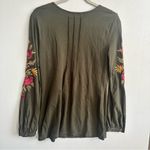 Eshakti Olive Green Floral Embroidered Long Sleeve Cotton Blend Boho Blouse Photo 4