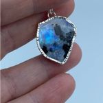 Black Tourmaline In Rainbow Moonstone Slice Sterling Silver Pendant Photo 6