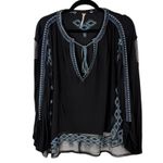 Free People Eden Sheer Black Blue Embroidered Flowy Long Sleeve Blouse Small Photo 6