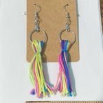 None Rainbow Tassel Fringe Statement Earrings Slip On Dangle Hoop Silver Green Pink Photo 2