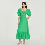 Sandro  Falbala Green Puff Sleeve Midi Dress S | Cutout Ruffle Hem Rainbow Jewel Photo 10