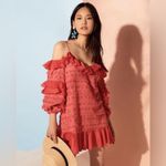 Alexis  Calypso Ruffled Embroidered Fringe Party Dress in Rouge Photo 2
