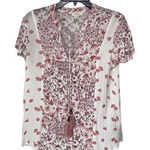 Mason & Belle  Caryn‎ Floral Tassel Tie Short Sleeve Blouse Red White Medium Photo 0