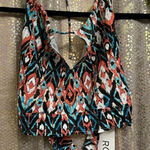 Roxy  Tribal Boho Blue Black Orange Tie Back Cropped Halter Top Med NWT Photo 0