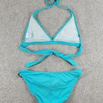 Becca  Womens Bikini Large Teal Blue 2 Piece Floral Embroidered Triangle Halter Photo 8