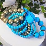 Set of 7 Acrylic Aqua Blue and Brushed Gold Stretch Bracelets Photo 0