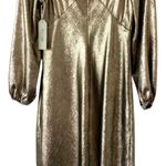 NEW NINE EIGHT Gold Shimmer Midi Dress Size Medium V Neck Balloon Long Sleeve Photo 1