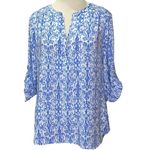 kim rogers PRETTY  3/4 Sleeve Roll Tab Sleeve Blouse Size Small Blue White Photo 3