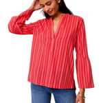 Loft Ann Taylor  The Softened Shirt‎ Red White Striped Bell Sleeve Tunic Top - M Photo 0