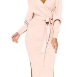 Blush Pink Knit Sweater Dress V Neck Fitted Photo 0