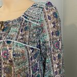 American Eagle Sheer Long Elastic Sleeve Cream Gold Blue Green Top S Photo 5