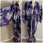 Vintage Japanese Cotton Kimono Navy Floral Pagoda Print Made in Japan Blue Size L Photo 1