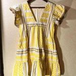 THML Flutter Sleeve Embroidered Vneck Dress Yellow Brown White Side Zip Size XS Photo 2