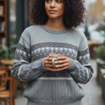 Mens Fair Isle Geometric Pattern Crewneck Grandpa Sweater XL Acrylic Gray Photo 0