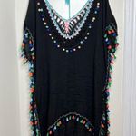 Black Swimsuit Beach Pool Cover Up Colorful Pom poms Tassels One Size Vacay Photo 0