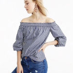 J.Crew  Blue White Stripe‎ Off the Shoulder 3/4 Sleeve Top Blouse Size 2 Photo 0