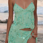 Princess Polly  What a Coincidence teal green sequin halter top and mini skirt set Photo 0