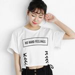 “No Hard Feelings” White Crop Tee Black Lace Photo 0