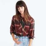 Madewell  Plaid‎ Tie-Neck Button-Down Cowgirl Western Shirt in Cherry Wood XXS Photo 3