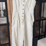 ASOS denim jumpsuit oatmeal wide leg straight beige lineny sleeveless pockets Photo 1