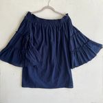 Umgee Off Shoulder Ruffle Bell Sleeve Tunic dress MEDIUM Swiss Dot Blue NWOT Photo 3