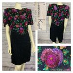 Laurence Kazar 1980s Lawrence Kazar Silk Beaded Floral Cocktail Dress large to XL Photo 13