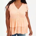 Torrid  3 Plus Size Super Soft V-Neck Lace Bodice Tiered Babydoll Top Peach Boho Photo 0