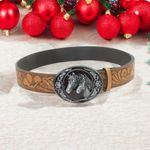 Vintage Style Twin Horses Embossed PU Leather Belt Casual Accessory Size L Tan Size L Photo 3