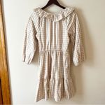 J.Crew  Seersucker Ruffle Neck Mini Dress Size 6 Side Zip Cotton Tan/White Plaid Photo 10