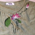 Hand Painted Lotus Blossom Asian Influenced Green Short Sleeve Blouse Pink Size M Photo 1