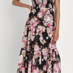 Lulus Wowing Wonder Black Floral Jacquard Smocked Tie-Strap Tiered Midi Dress Photo 0