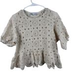 ZARA  Crochet Small Round Medallion Peplum Top Short Sleeve Cream Beige  White Photo 1
