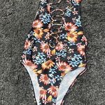 None Cutout One Piece Black Floral lace up swimsuit Size Medium Photo 5