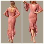 Lace Midi Dress | Mauve Pink Sheer Flutter Sleeves | Cocktail, Wedding Guest Size 6 Photo 6