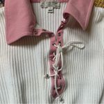 St. John Sport Women’s Ribbed Collar Sweater Cotton Blend Lace Up Neckline Large White Photo 2