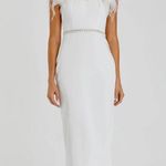 Mac Duggal White Feather Cap Sleeve Pearl Embellished Tea-length Fit Dress Photo 0