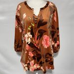 Denim & Co New D & Co Floral Print Velour Split Neck 3/4 Sleeve Top Tan Pink Size Medium Photo 1
