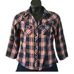 Rue 21  Women’s Plaid Button-Down Shirt – Navy Pink Green Check – Size junior XL Photo 2