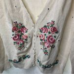 Vintage floral embroidered embellished pearl‎ sweater cardigan small cottagecore White Photo 2
