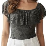 EXPRESS  Olive Green Lace On/Off Shoulder Ruffle Trim Bodysuit Size XS Photo 0