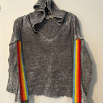Vintage Havana Vintage‎ Havana Gray Acid Wash Rainbow Striped Hoodie Sweatshirt S crop cutoff Photo 0