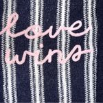 EXPRESS Soft Gauzy Navy/White Pullover Sweater with Long Bell Sleeves Photo 4