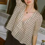 Urban Outfitters Vneck Puff Sleeve Blouse in Tan & Black Plaid - Size S Photo 2