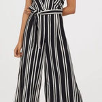 H&M Black & White Striped Cropped Strapless Jumpsuit with Belt, Size 6 Photo 0