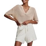 Varley  Callie Knit Boxy Split V-Neck Short Sleeve Top Open Knit Moonlight Tan M Photo 5