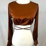 Sans Souci fluid satin cognac brown long sleeve tie wrap crop top size small Photo 3