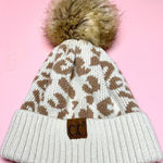 C.C. Leopard Print Knit Beanie Faux Fur Pom Womens Winter Hat Trendy Acrylic Tan Photo 1