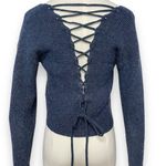 Zaful V-Neck Back Lace-up Long Sleeve Cropped Sweater Blue Women's Small Photo 3